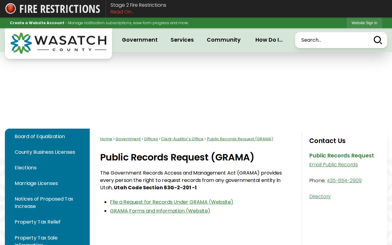 Wasatch County booking record GRAMA request page