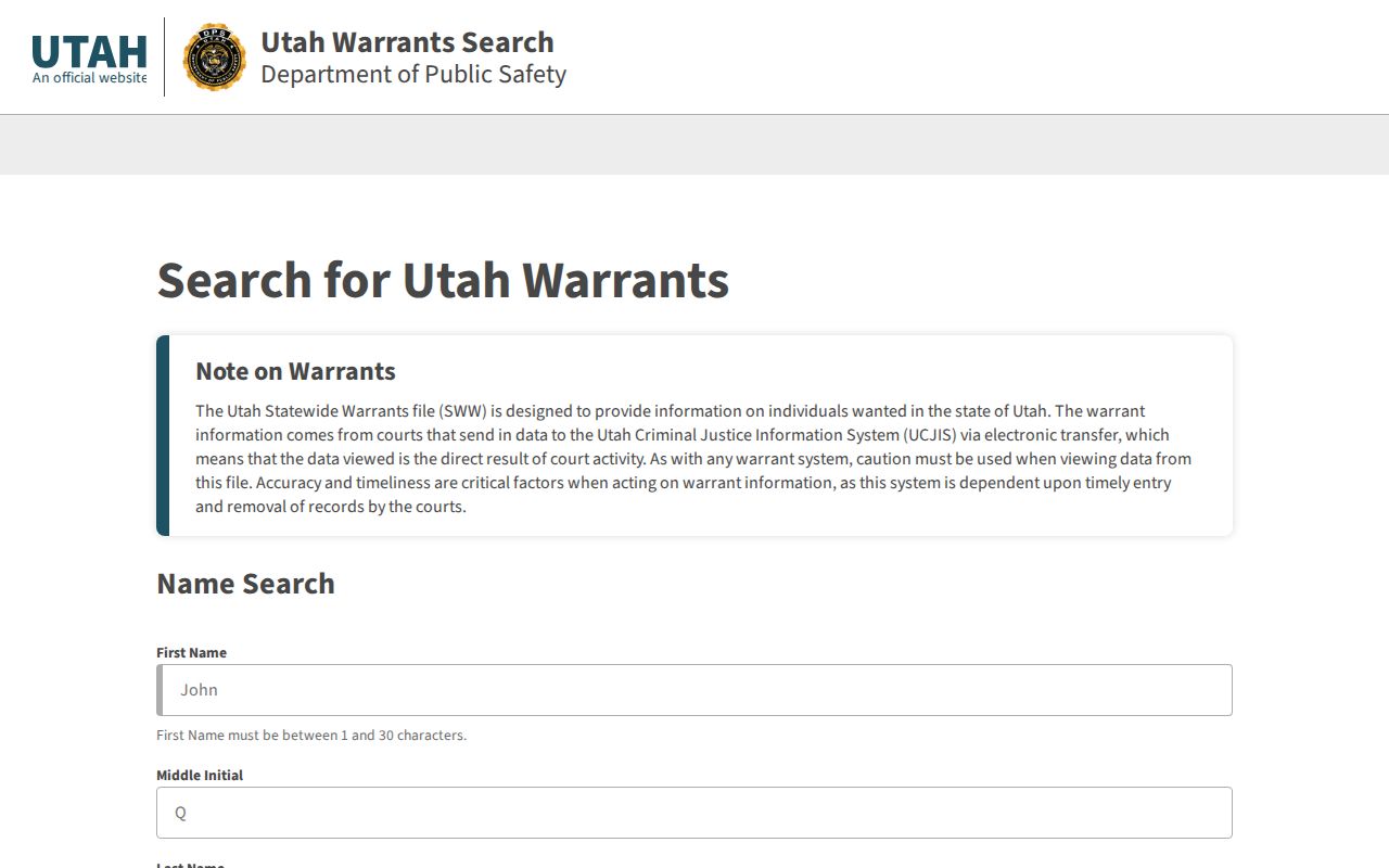 Utah BCI Statewide Warrant Search for a possible Wasatch County warrant