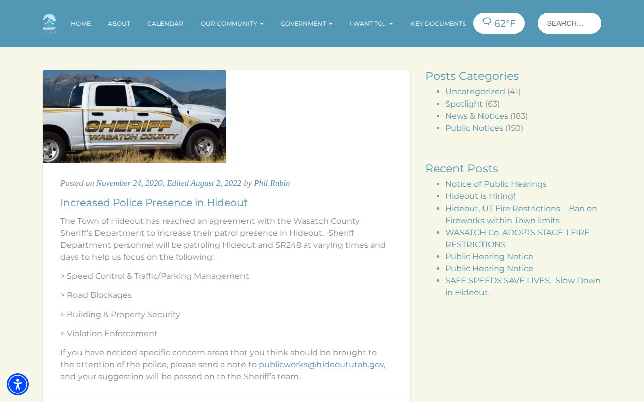 Wasatch County Hideout Town arrest-record patrol service notice